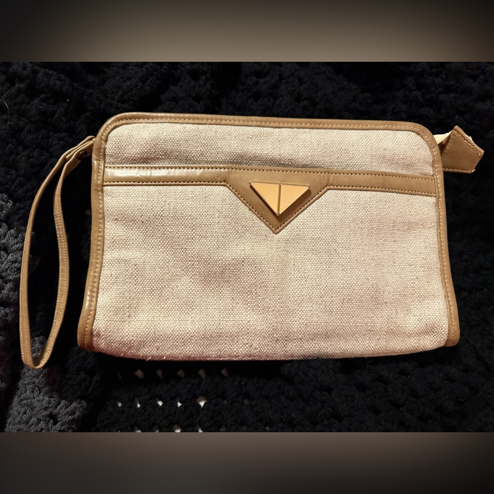 Vintage Mary Ann Rosenthal Tan Fabric Purse Clutch Wristlet with Strap